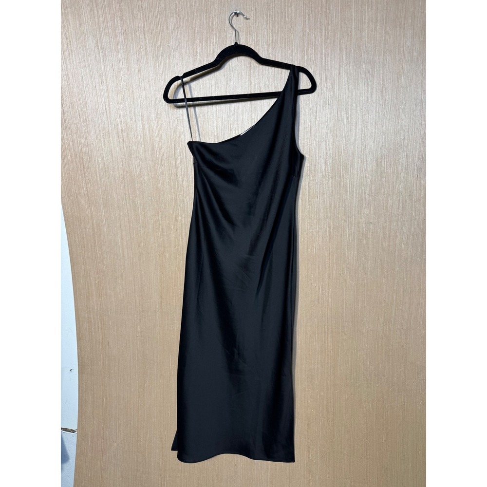 BHLDN Womens Black Satin One Shoulder Midi Dress Size 8 Asymmetric Wedding Guest
